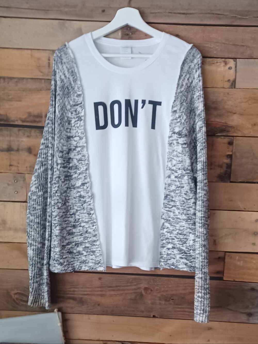 Upcycled "DON'T" Graphic Tee with Marled Gray Cardigan Sleeves